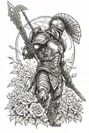 A wounded spartan warrior standing Victorious with his helmet off after battle in a rose field with weapons with shreds  tattoo design idea