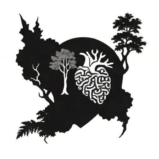 Heart, brain and eyes among the trees growing tattoo design idea