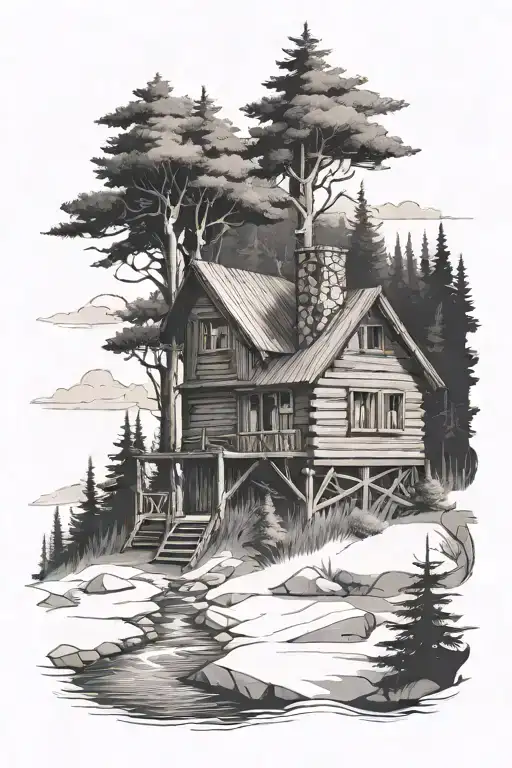 a cabin in the woods  tattoo design idea