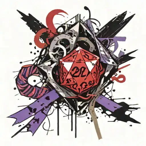 d20 with purple ribbon intertwined tattoo design idea