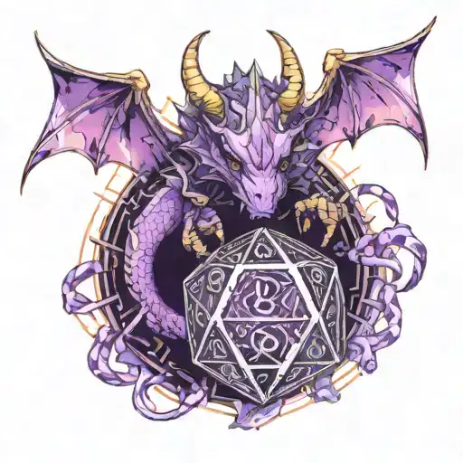 dragon cleric behind a d20 dice surrounded by purple ribbon  tattoo design idea