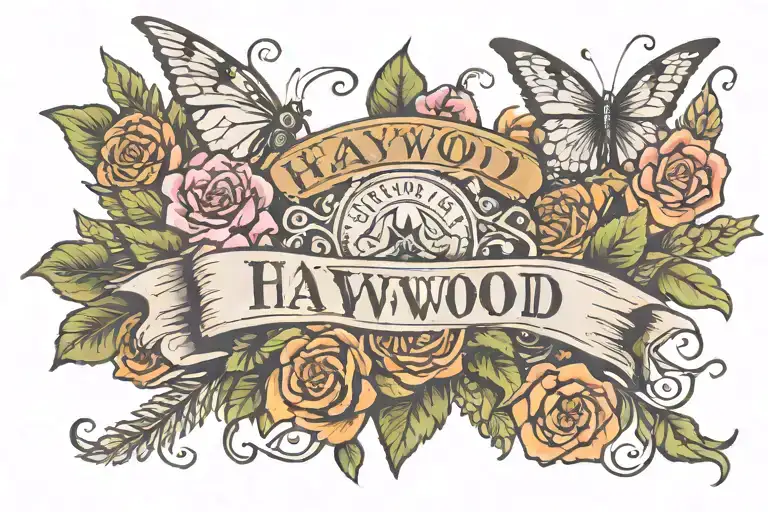 A tattoo with the name Haywood with Flowers, Bullets and butterflies  tattoo design idea