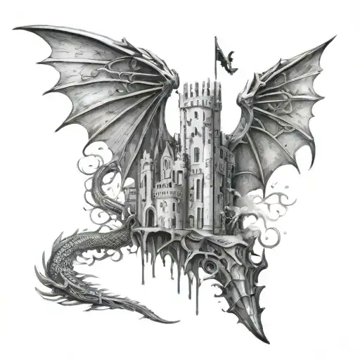 bodium castle with moat dripping onto Excalibur sword wrapped in dragon wings  tattoo design idea