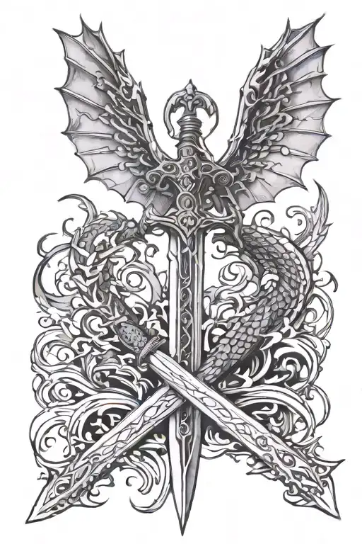 bodium castle dripping into Excalibur sword with dragon wings half sleeve tattoo design idea