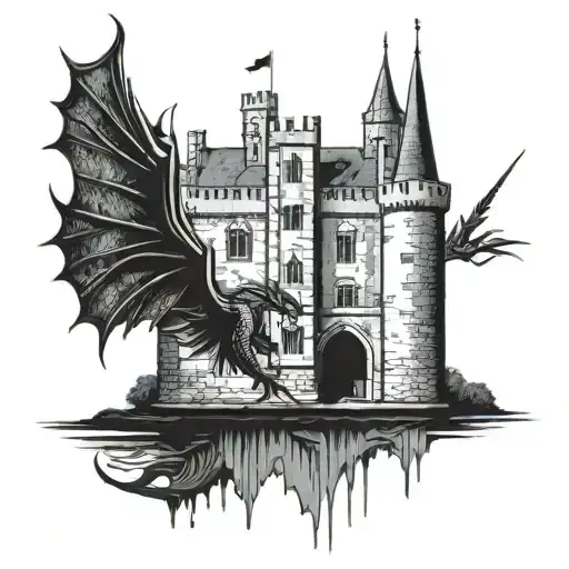 bodium castle with moat dripping into an Excalibur sword wrapped in dragon wings  tattoo design idea