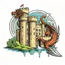 bodium castle with moat dripping into an Excalibur sword wrapped in dragon wings  tattoo design idea