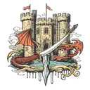 bodium castle with moat dripping into an Excalibur sword wrapped in dragon wings  tattoo design idea