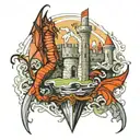 bodium castle with moat dripping into an Excalibur sword wrapped in dragon wings  tattoo design idea