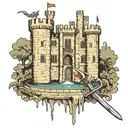 bodium castle with moat dripping into an Excalibur sword wrapped in dragon wings  tattoo design idea