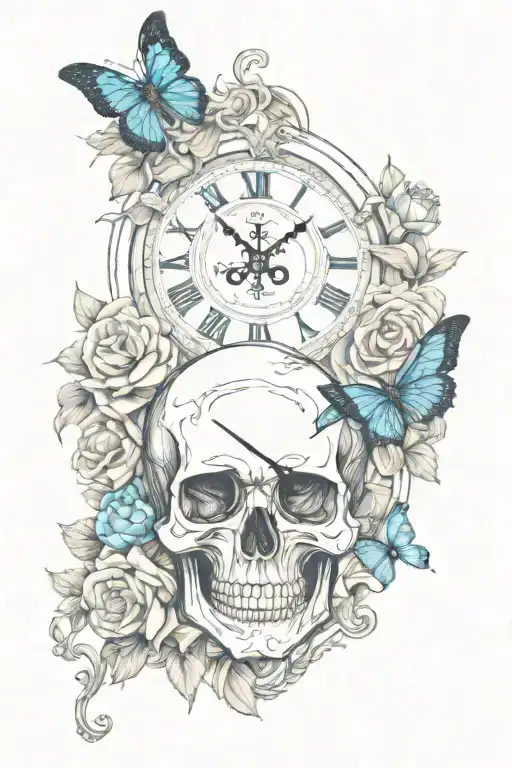 blue skull clock Latin rose butterfly tattoo design idea
