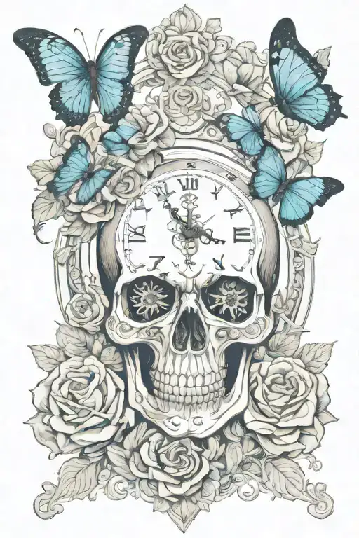 skull rose blue butterfly Latin clock  tattoo design idea