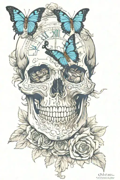 skull rose blue butterfly Latin clock  tattoo design idea