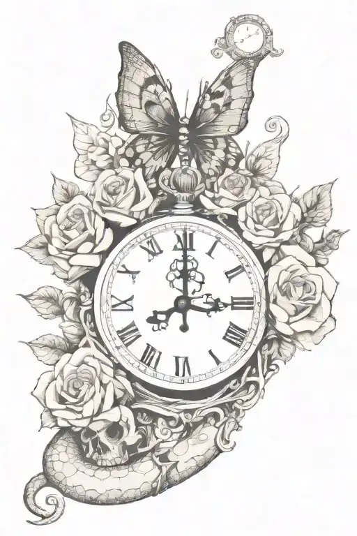 snake skull butterfly rose clock Latin  tattoo design idea