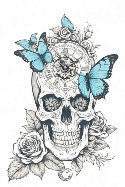 skull rose blue butterfly Latin clock  tattoo design idea