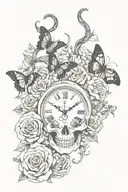 snake skull butterfly rose clock Latin  tattoo design idea