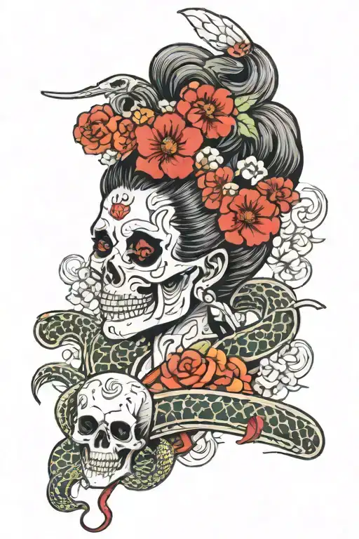 japanese lady and a fan with flowers and a skull with snake with fangs showing wrapped around it and waves for detail tattoo design idea