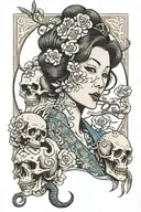 japanese lady and a fan with flowers and a skull with snake with fangs showing wrapped around it and waves for detail tattoo design idea