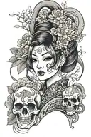 japanese lady and a fan with flowers and a skull with snake with fangs showing wrapped around it and waves for detail tattoo design idea