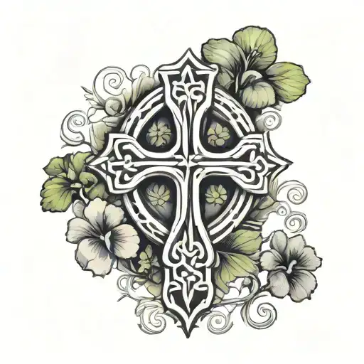 black and white celtic cross with clovers growing out of it tattoo design idea