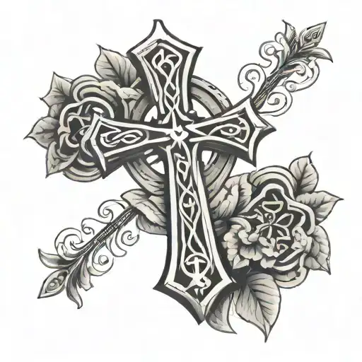 black and white celtic cross with clovers growing out of it tattoo design idea