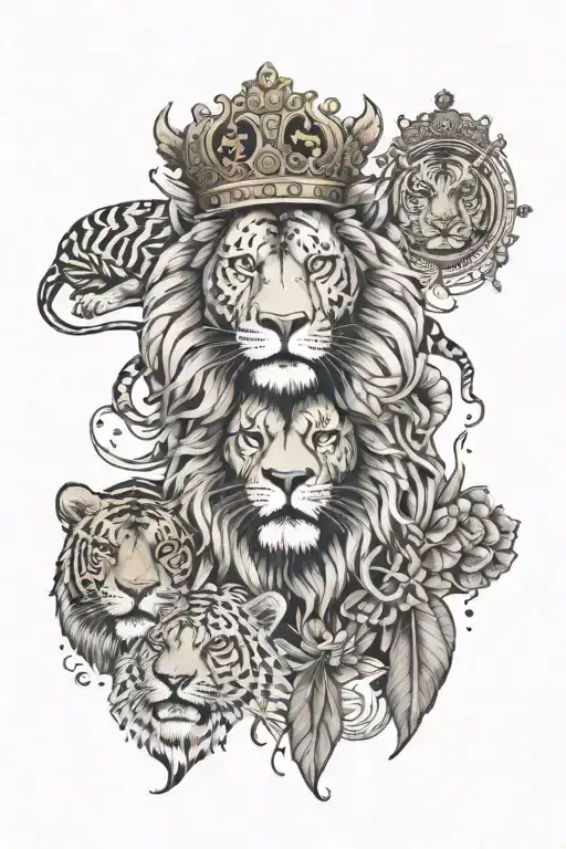 A majestic lion with a crown made of sushi rolls and a tiger with a tie made of noodles, blending the client's love for business foods with their favorite animals tattoo design idea