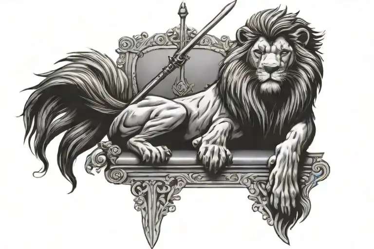lion king in the throne holding a sword tattoo design idea