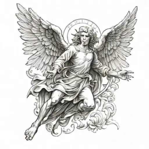 Michael archangel, 1 seraphim angel in the background flying tattoo design idea