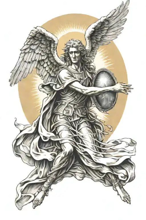 Michael archangel with seraphim in the back round with sun light rays tattoo design idea