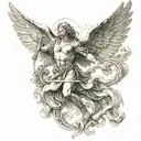 Michael archangel, 1 seraphim angel in the background flying tattoo design idea