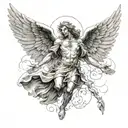 Michael archangel, 1 seraphim angel in the background flying tattoo design idea