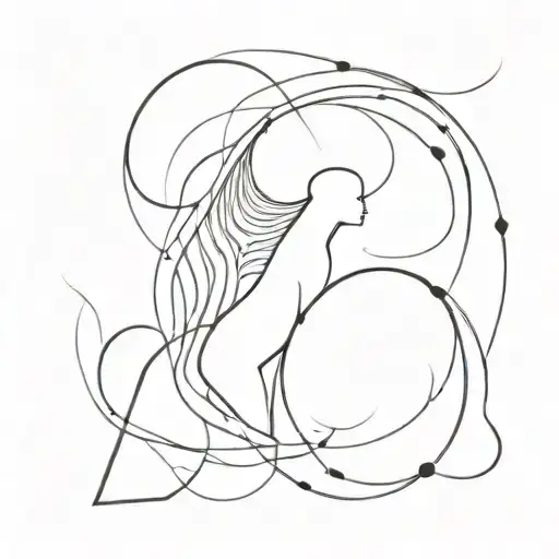 A minimalist tattoo design of a figure in a state of static motion, surrounded by swirling patterns and angel numbers, representing the constant motion and beauty of life tattoo design idea