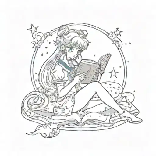 A whimsical design featuring Luna from Sailor Moon reading a book surrounded by a constellation of Taurus stars  tattoo design idea