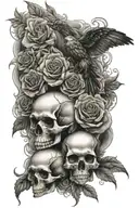 skulls, roses, wings, flames left arm tattoo design idea