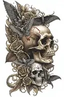 skulls, roses, wings, flames left arm tattoo design idea