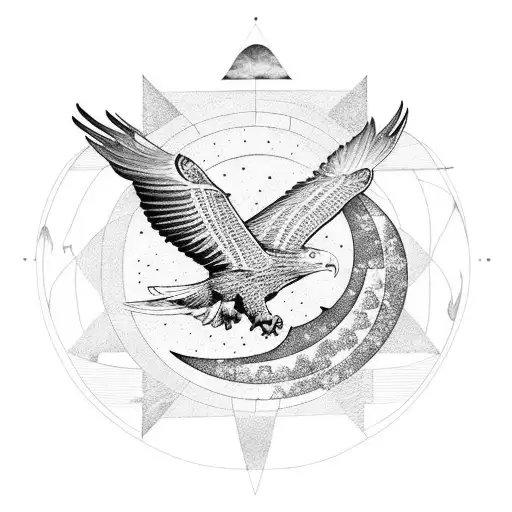 Download Unique Tattoo Design: Crescent Moon with Eagle Head Sun PNG Online  - Creative Fabrica
