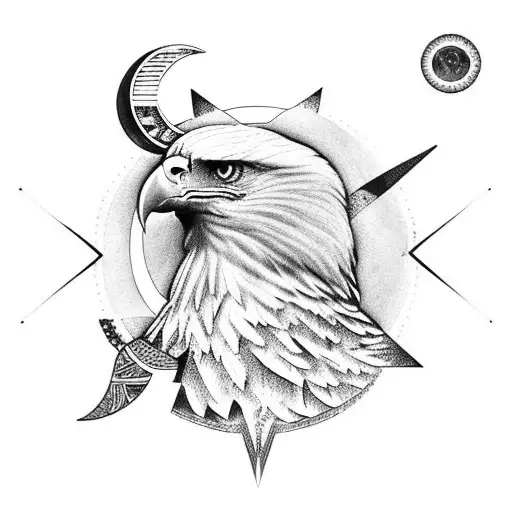 eagle with sun and moon and geometric objects  tattoo design idea