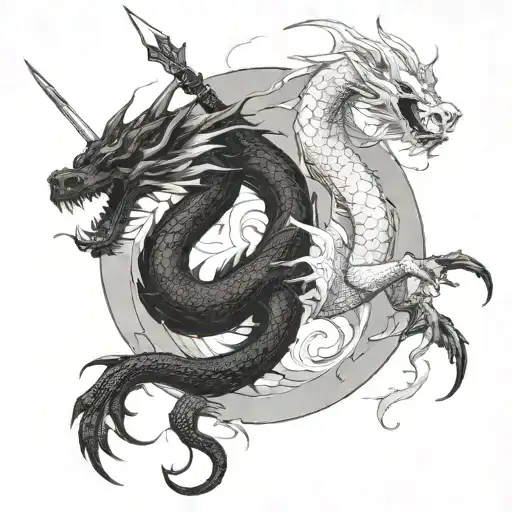 a black dragon and a white dragon spiraling around a spear tattoo design idea