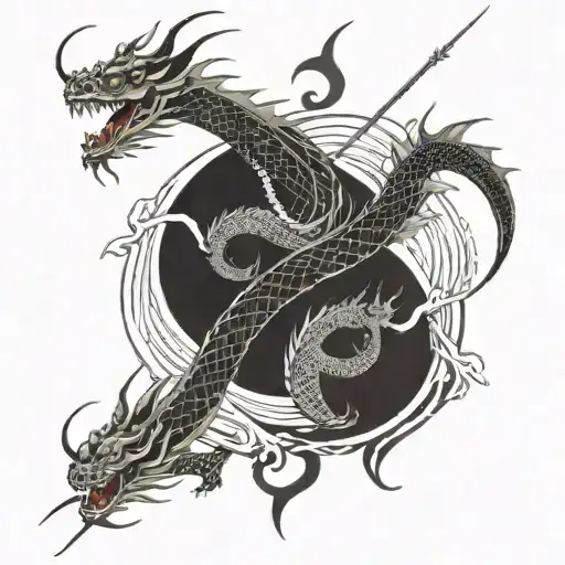 TWO DRAGONS, ONE BLACK AND ONE WHITE, SPIRALING AROUND A TWO POINTED SPEAR tattoo design idea