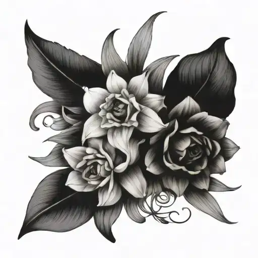 rose daffodil aster narcissus flower bouquet tied tattoo design idea