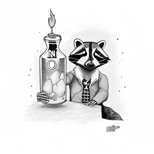 Raccoon holding a lit molotov cocktail.  with lettering that says, "No war but class war" tattoo design idea