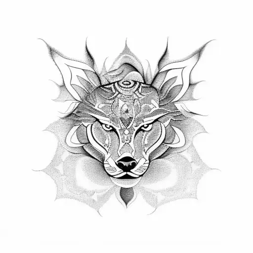 A mesmerizing mandala incorporating the graceful forms of a lobo and pantera, executed in dotwork. tattoo design idea
