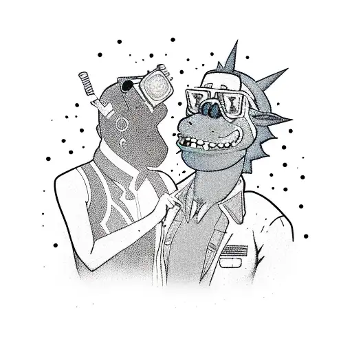 bojack horseman drinking alcohol with rick sanchez in a cyberpunk bar. tattoo design idea