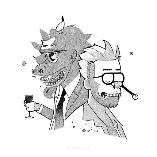 bojack horseman drinking alcohol with rick sanchez in a cyberpunk bar. tattoo design idea
