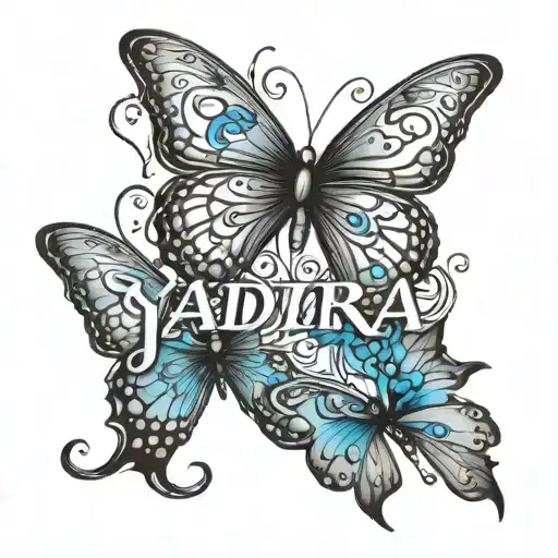 the name Yadira in cursive with blue butterfly's around it tattoo design idea