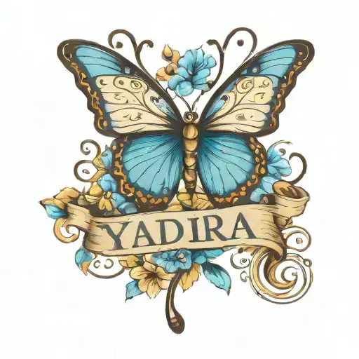 the name Yadira in cursive with blue butterfly's around it tattoo design idea