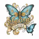 the name Yadira in cursive with blue butterfly's around it tattoo design idea