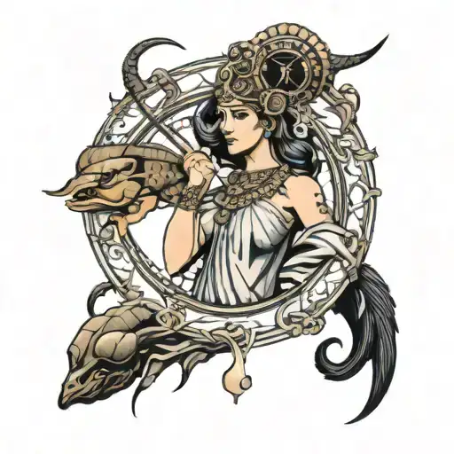 Athena the goddess with capricorn on the left and a crab on right side tattoo design idea