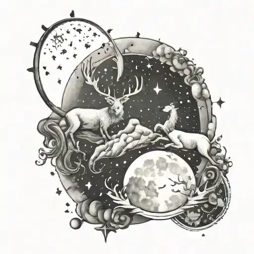 A tattoo design of a celestial scene with Capricorn constellation, the number 15 and 22 shining brightly in the sky, symbolizing the connection with your grandparents tattoo design idea