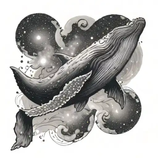 A majestic humpback whale swimming through a galaxy, representing the client's passion for the sea and astrophysics tattoo design idea
