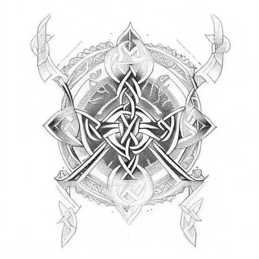 Design a unique mid-journey arm tattoo that beautifully combines Celtic, Nordic, and Viking tribal elements, with a powe tattoo design idea